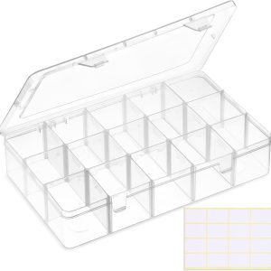 SGHUO 15 Grids Tackle Box Organizer, Large Clear Plastic Organizer Box with Adjustable Dividers for Beads, Art DIY, Crafts, Jewelry, Fishing Tackle with Label Stickers
