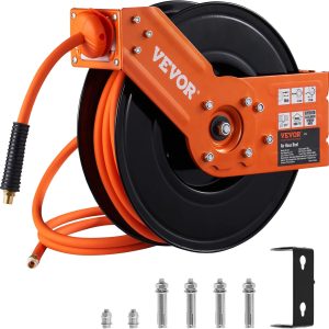 VEVOR Retractable Air Hose Reel, 3/8 IN x 50 FT Hybrid Air Hose Max 300PSI, Air Compressor Hose Reel with 5 ft Lead in, Ceiling/Wall Mount Heavy Duty Single Arm Steel Reel