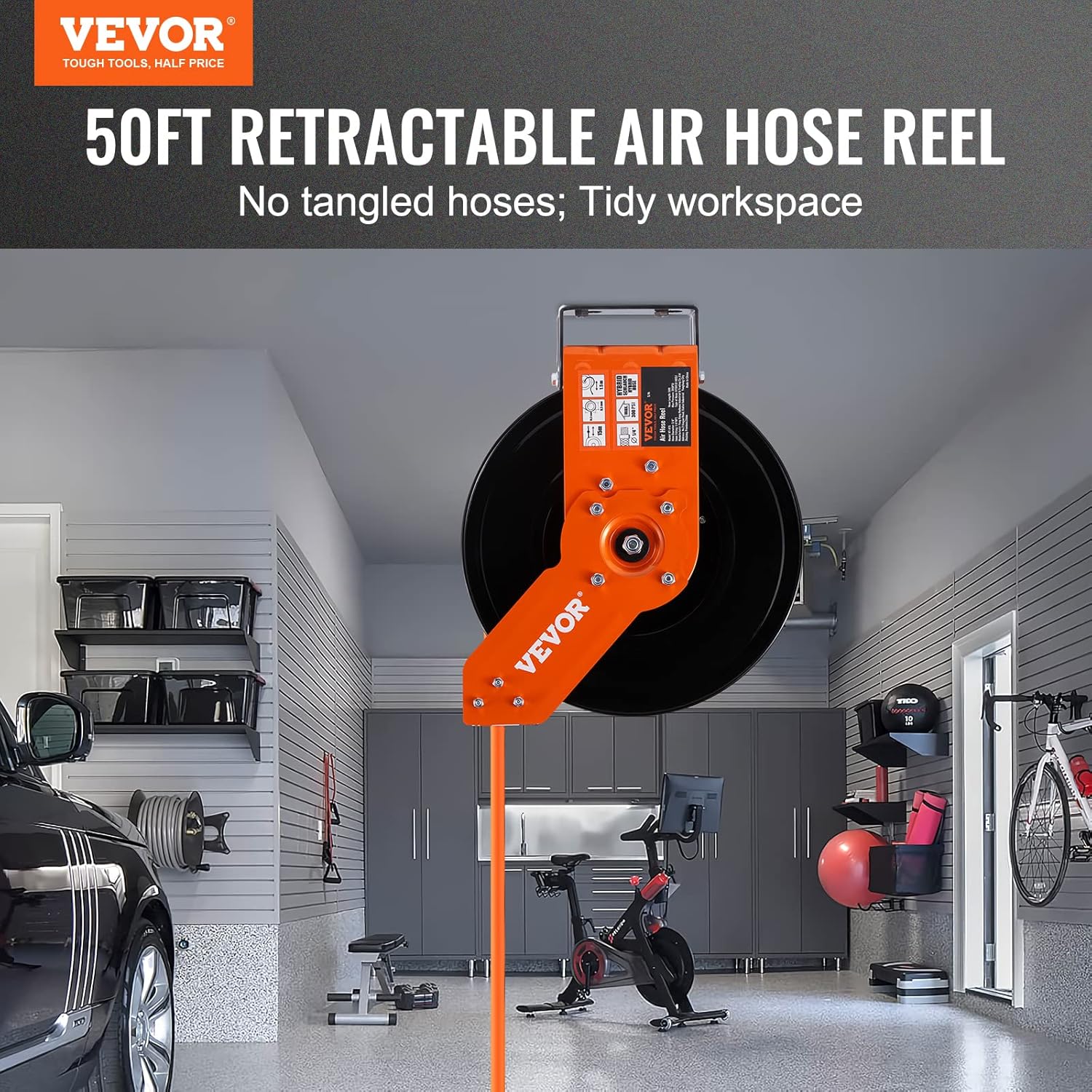VEVOR Retractable Air Hose Reel, 3/8 IN x 50 FT Hybrid Air Hose Max 300PSI, Air Compressor Hose Reel with 5 ft Lead in, Ceiling/Wall Mount Heavy Duty Single Arm Steel Reel - Image 2