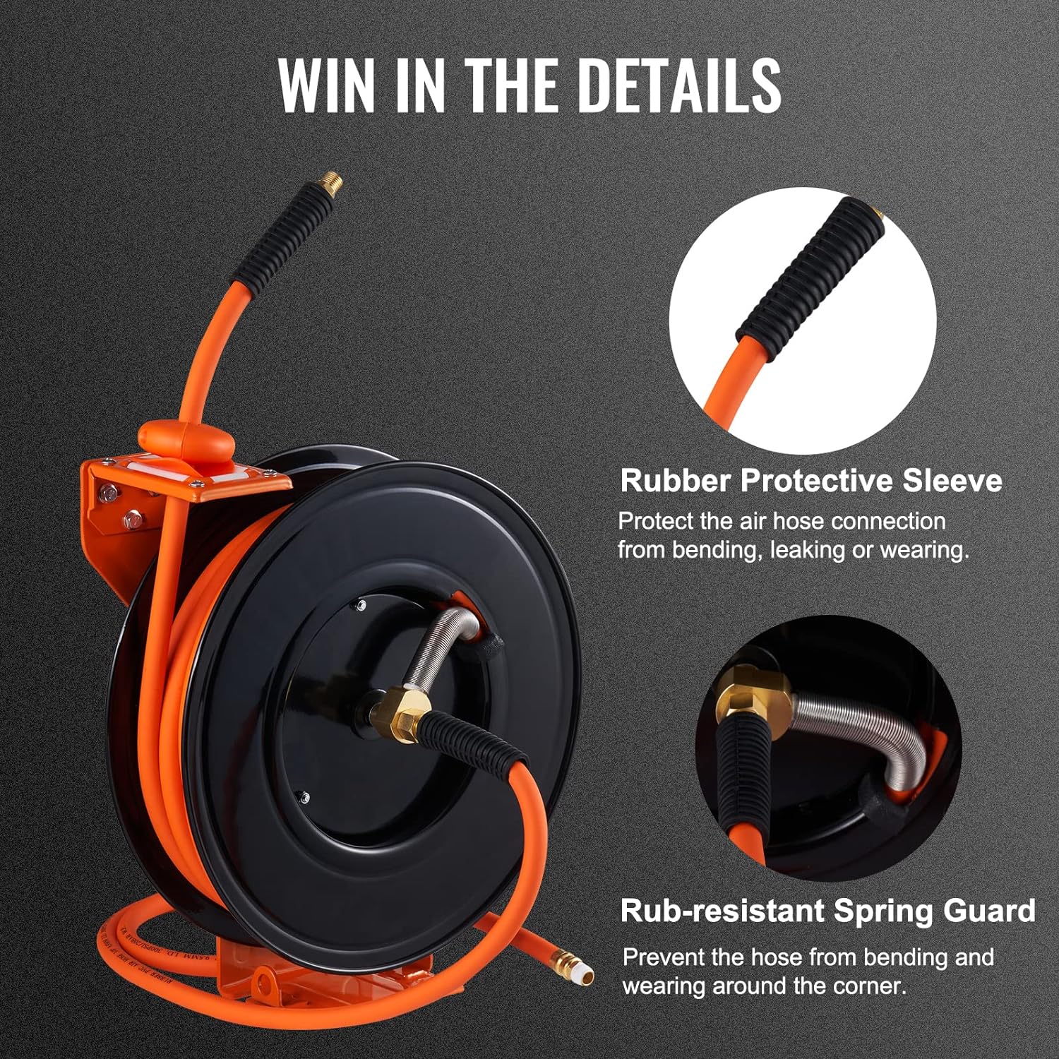 VEVOR Retractable Air Hose Reel, 3/8 IN x 50 FT Hybrid Air Hose Max 300PSI, Air Compressor Hose Reel with 5 ft Lead in, Ceiling/Wall Mount Heavy Duty Single Arm Steel Reel - Image 6